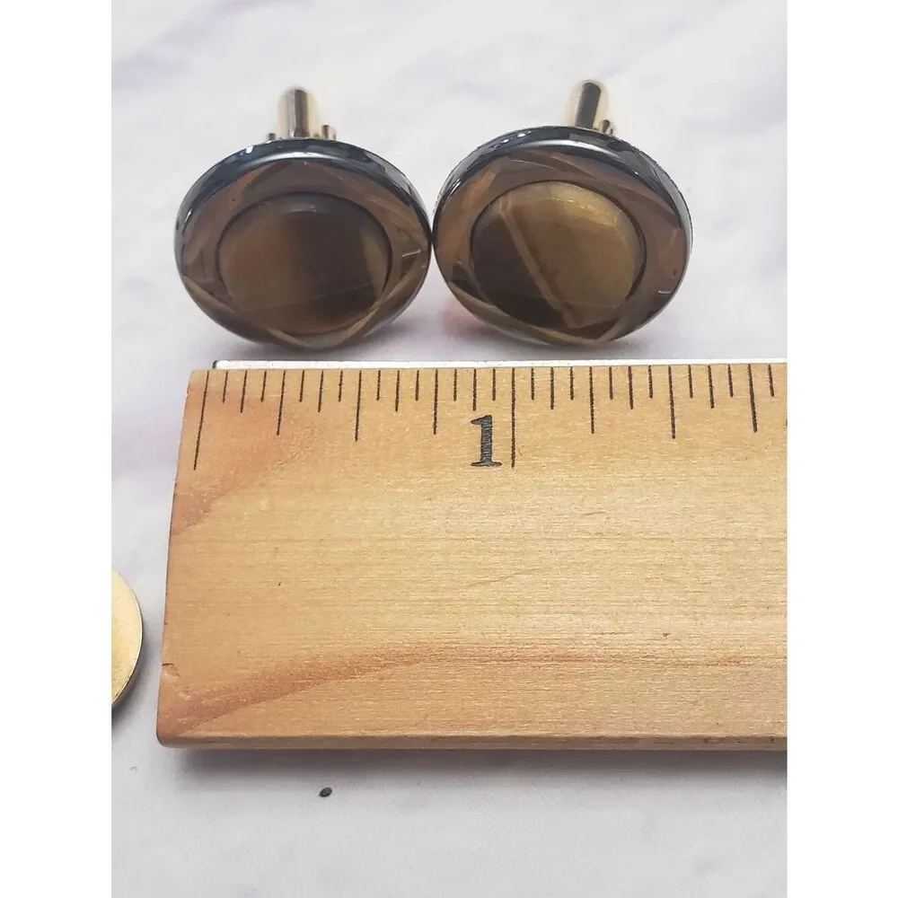 VINTAGE SWANK Cuff Links & Tie Tack Set Goldtone & Tiger's Eye